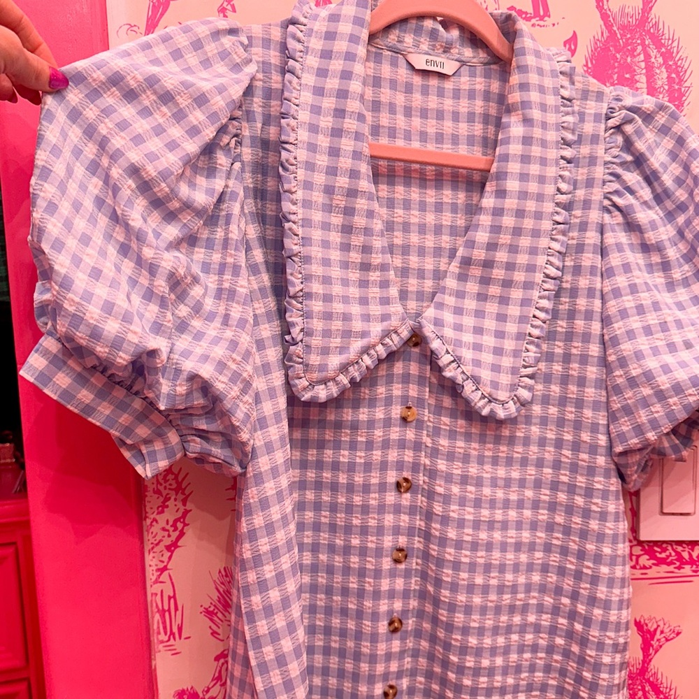 Blue Gingham Puff Sleeve Blouse